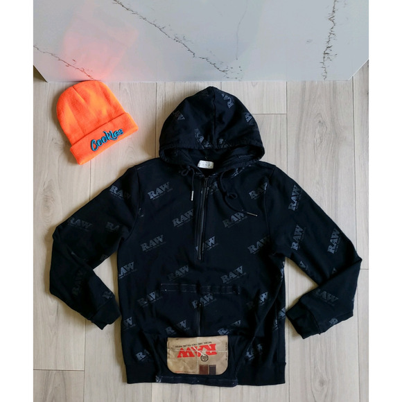 RAW Hoodie Mens M Black Weed Skate Pullover + Neon Cookies 420 Beanie Hat Set - Picture 1 of 11